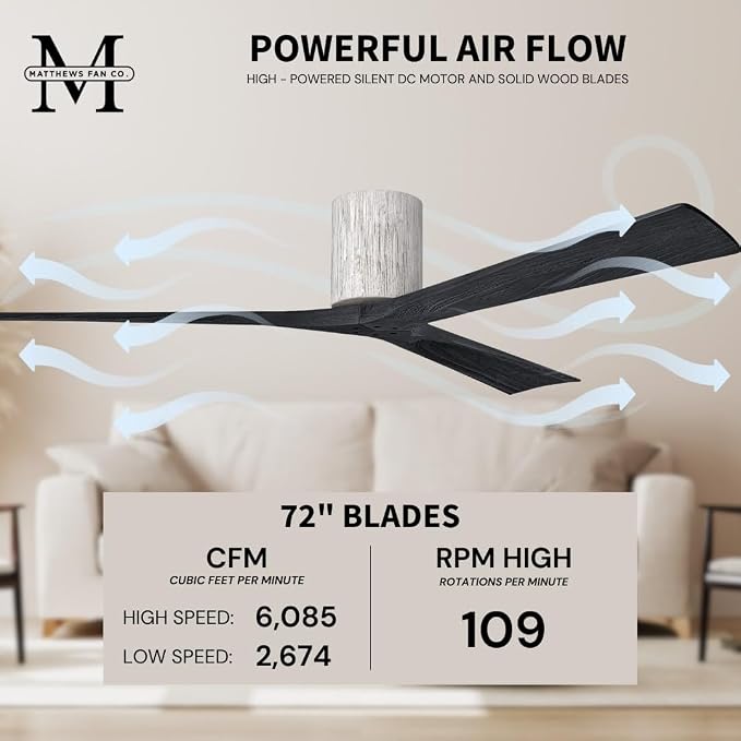 IR3H-BW-BK-72 Irene Damp Rated Flush Mount 72" Ceiling Fan with Remote & Wall Control, Silent DC Motor, 3 Matte Black Solid