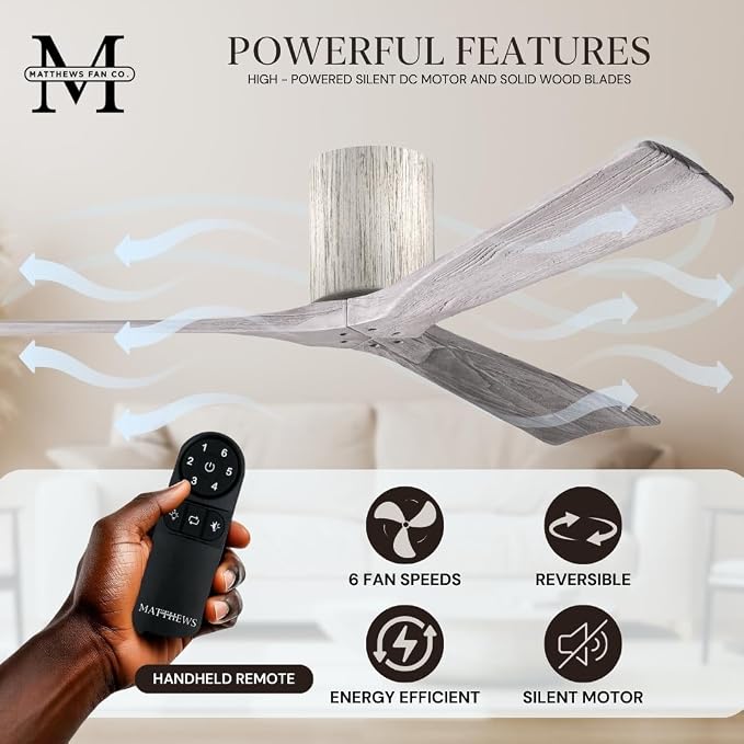 IR3H-BW-BW-60 Irene Damp Rated Flush Mount 60" Ceiling Fan with Remote & Wall Control, Silent DC Motor, 3 Solid, alternate