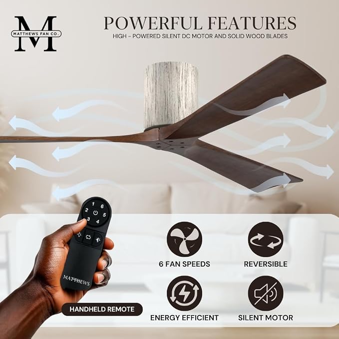 IR3H-BW-WA-72 Irene Damp Rated Flush Mount 72" Ceiling Fan with Remote & Wall Control, Silent DC Motor, 3 Walnut Tone Solid