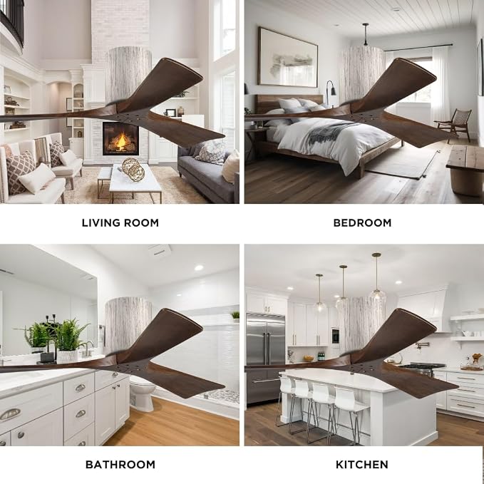 IR3H-BW-WA-72 Irene Damp Rated Flush Mount 72" Ceiling Fan with Remote & Wall Control, Silent DC Motor, 3 Walnut Tone Solid