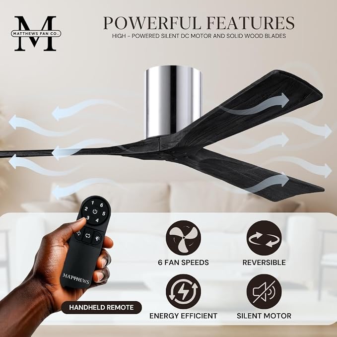 IR3H-CR-BK-52 Irene Damp Rated Flush Mount 52" Ceiling Fan with Remote & Wall Control, Silent DC Motor, 3 Matte Black Solid