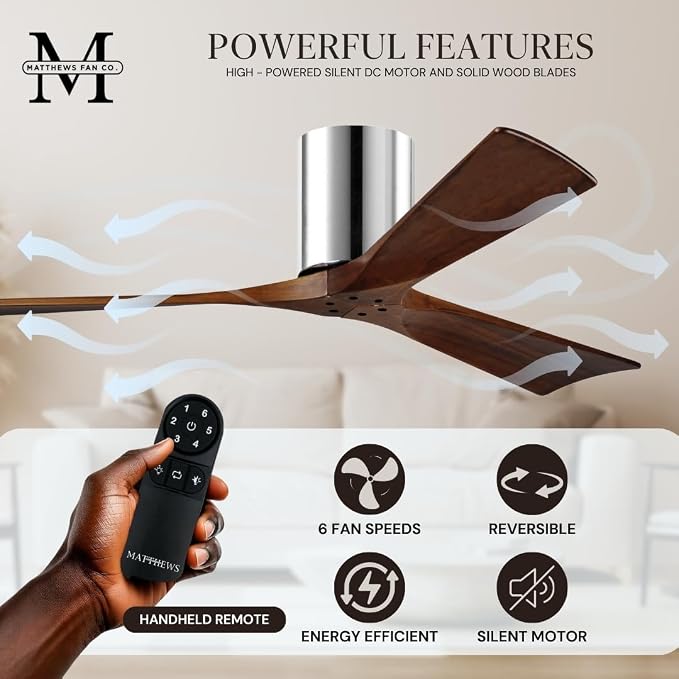 IR3H-CR-WA-42 Irene Indoor/Outdoor Damp Rated 42" Hugger Ceiling Fan with Remote & Wall Control, Silent DC Motor, 3 Walnut