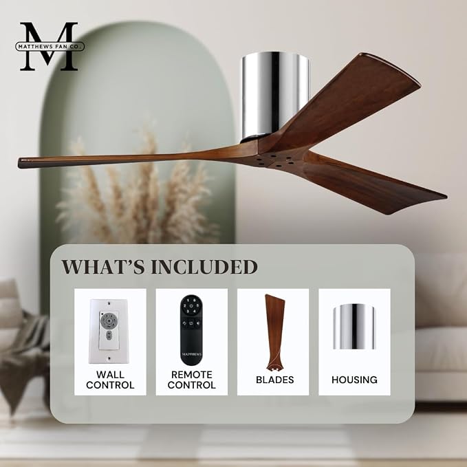 IR3H-CR-WA-42 Irene Indoor/Outdoor Damp Rated 42" Hugger Ceiling Fan with Remote & Wall Control, Silent DC Motor, 3 Walnut