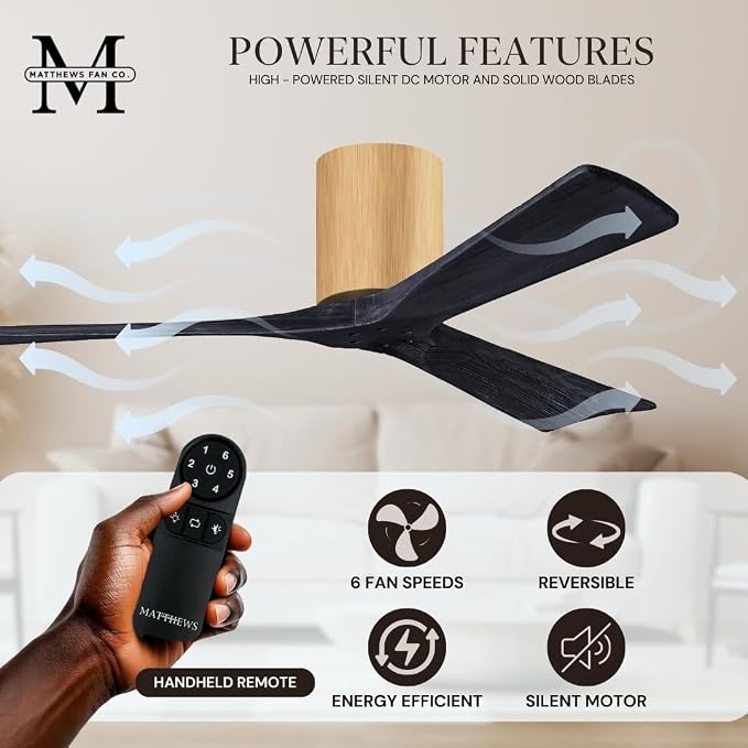 IR3H-LM-BK-52 Irene Damp Rated Flush Mount 52" Ceiling Fan with Remote & Wall Control, Silent DC Motor, 3 Matte Black Solid