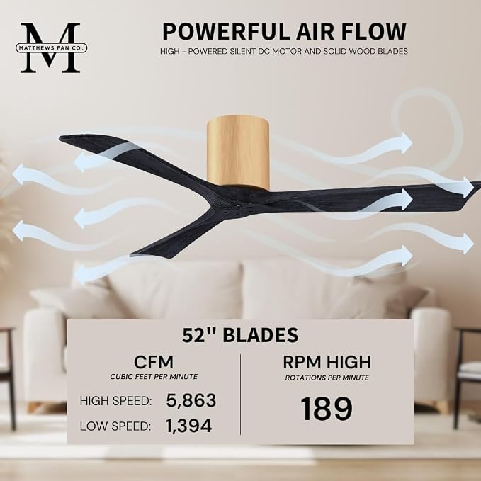 IR3H-LM-BK-52 Irene Damp Rated Flush Mount 52" Ceiling Fan with Remote & Wall Control, Silent DC Motor, 3 Matte Black Solid