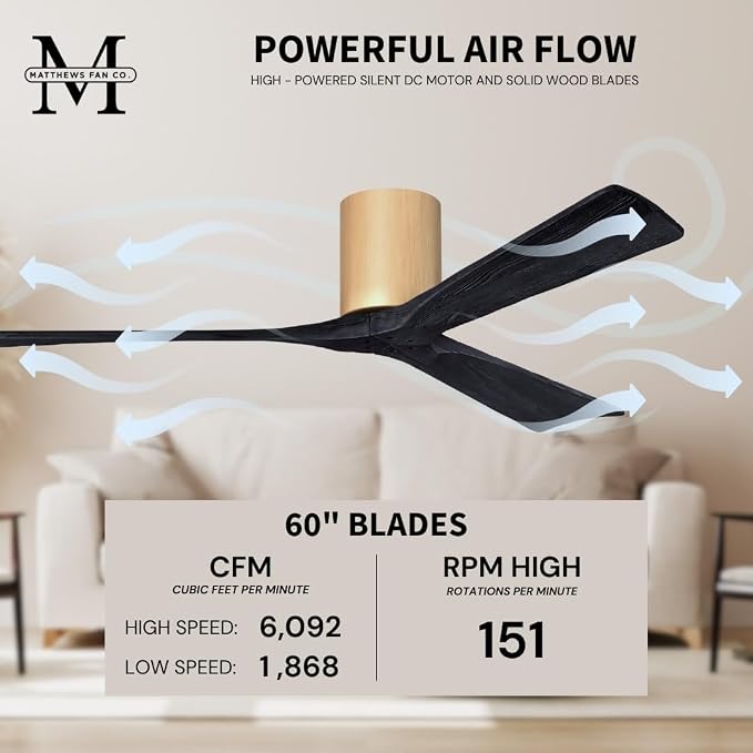 IR3H-LM-BK-60 Irene Damp Rated Flush Mount 60" Ceiling Fan with Remote & Wall Control, Silent DC Motor, 3 Matte Black Solid