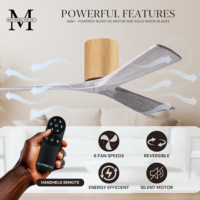 IR3H-LM-BW-60 Irene Damp Rated Flush Mount 60" Ceiling Fan with Remote & Wall Control, Silent DC Motor, 3 Barn Wood Tone