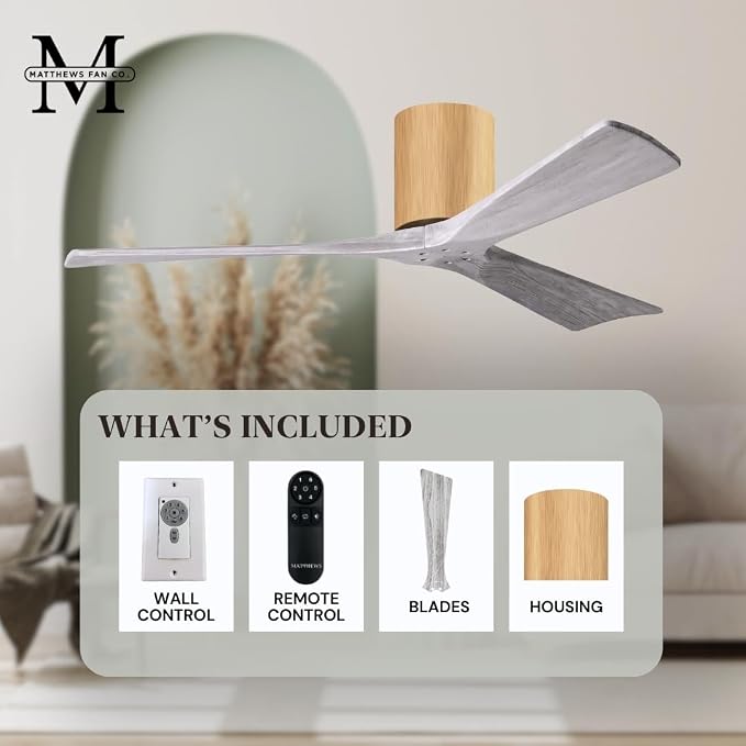 IR3H-LM-BW-60 Irene Damp Rated Flush Mount 60" Ceiling Fan with Remote & Wall Control, Silent DC Motor, 3 Barn Wood Tone
