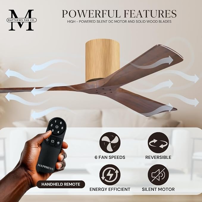 IR3H-LM-WA-60 Irene Damp Rated Flush Mount 60" Ceiling Fan with Remote & Wall Control, Silent DC Motor, 3 Walnut Tone Solid
