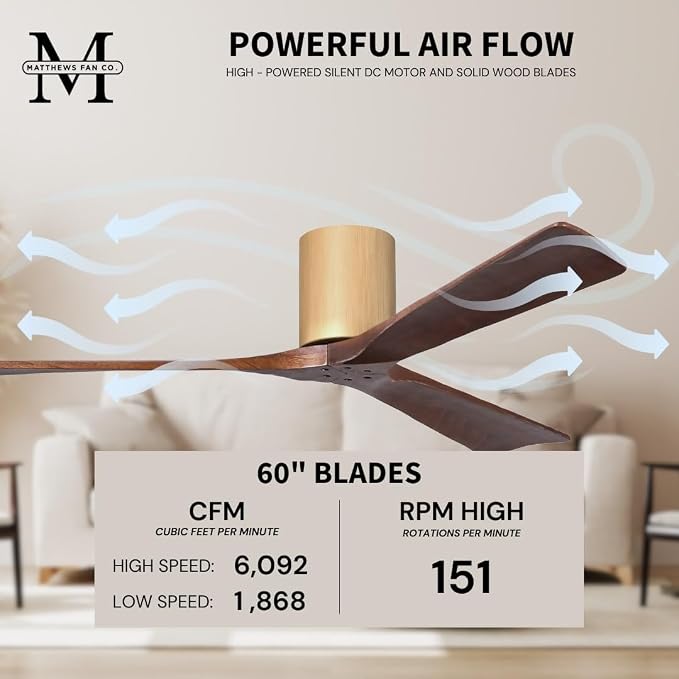 IR3H-LM-WA-60 Irene Damp Rated Flush Mount 60" Ceiling Fan with Remote & Wall Control, Silent DC Motor, 3 Walnut Tone Solid