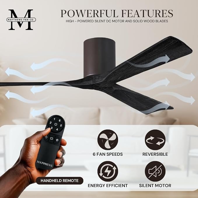 IR3H-TB-BK-72 Irene Damp Rated Flush Mount 72" Ceiling Fan with Remote & Wall Control, Silent DC Motor, 3 Matte Black Solid