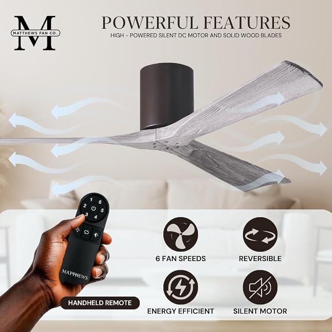 IR3H-TB-BW-42 Irene Damp Rated Flush Mount 42" Ceiling Fan with Remote & Wall Control, Silent DC Motor, 3 Barn Wood Tone