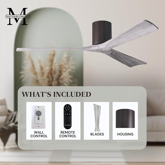 IR3H-TB-BW-42 Irene Damp Rated Flush Mount 42" Ceiling Fan with Remote & Wall Control, Silent DC Motor, 3 Barn Wood Tone