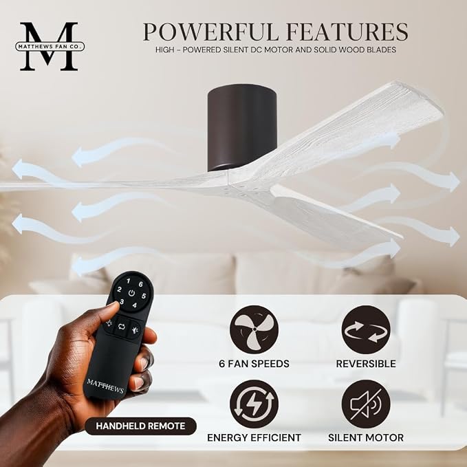 IR3H-TB-WA-72 Irene Damp Rated Flush Mount 72" Ceiling Fan with Remote & Wall Control, Silent DC Motor, 3 Walnut Tone Solid