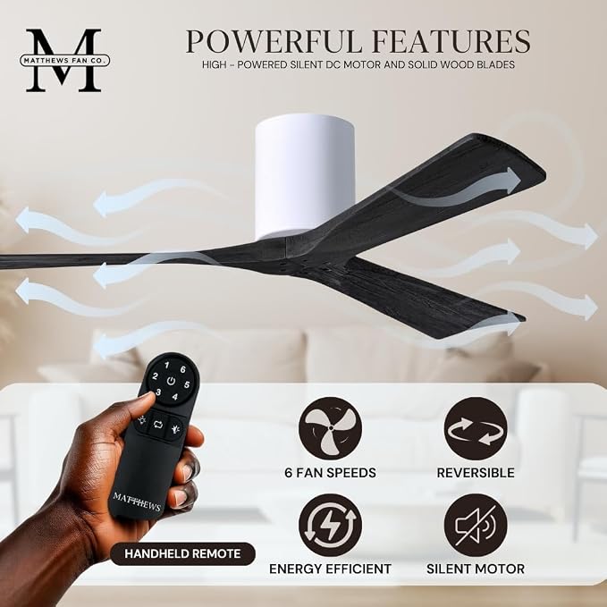 IR3H-WH-BK-72 Irene Damp Rated Flush Mount 72" Ceiling Fan with Remote & Wall Control, Silent DC Motor, 3 Matte Black Solid