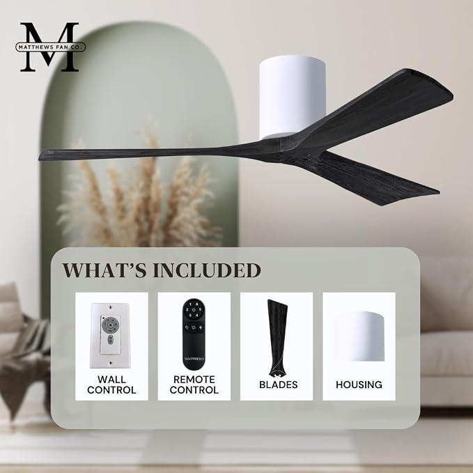 IR3H-WH-BK-72 Irene Damp Rated Flush Mount 72" Ceiling Fan with Remote & Wall Control, Silent DC Motor, 3 Matte Black Solid