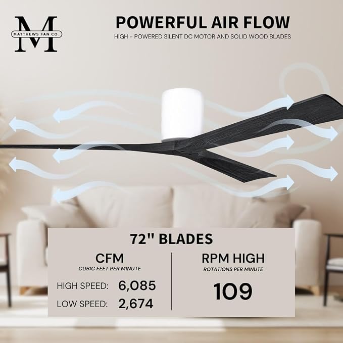 IR3H-WH-BK-72 Irene Damp Rated Flush Mount 72" Ceiling Fan with Remote & Wall Control, Silent DC Motor, 3 Matte Black Solid