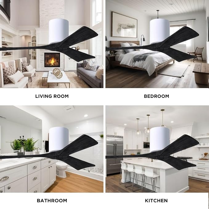 IR3H-WH-BK-72 Irene Damp Rated Flush Mount 72" Ceiling Fan with Remote & Wall Control, Silent DC Motor, 3 Matte Black Solid