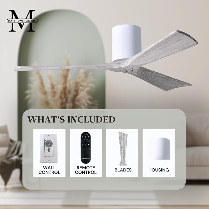 IR3H-WH-BW-42 Irene Indoor/Outdoor Damp Rated 42" Hugger Ceiling Fan with Remote & Wall Control, Silent DC Motor, 3 Barn Wood