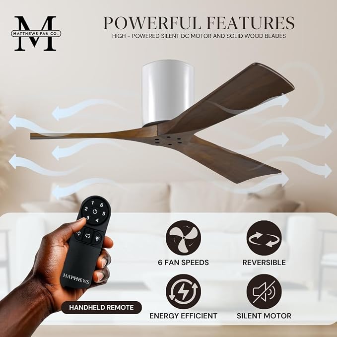 IR3H-WH-WA-42 Irene Indoor/Outdoor Damp Rated 42" Hugger Ceiling Fan with Remote & Wall Control, Silent DC Motor, 3 Walnut
