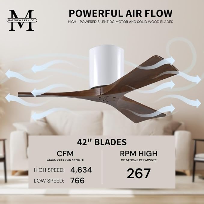 IR3H-WH-WA-42 Irene Indoor/Outdoor Damp Rated 42" Hugger Ceiling Fan with Remote & Wall Control, Silent DC Motor, 3 Walnut