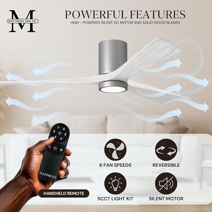 IR3HLK-BN-WA-60 Irene Damp Rated Flush Mount 60" Ceiling Fan with Light and Remote & Wall Control, Silent DC, alternate view