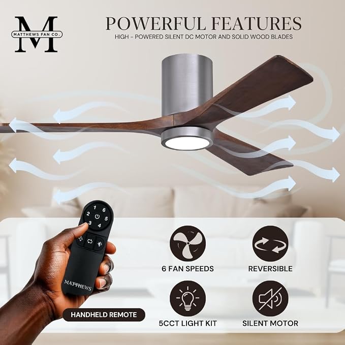 IR3HLK-BP-WA-42 Irene Damp Rated Flush Mount 42" Ceiling Fan with Light and Remote & Wall Control, Silent DC Motor, 3 Solid