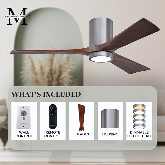IR3HLK-BP-WA-60 Irene Damp Rated Flush Mount 60" Ceiling Fan with Light and Remote & Wall Control, Silent DC Motor, 3 Solid