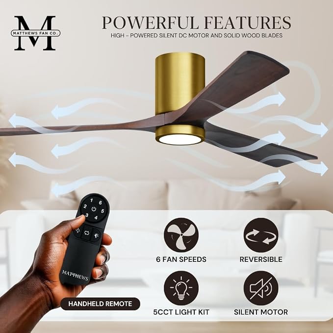 IR3HLK-BRBR-WA-42 Irene Damp Rated Flush Mount 42" Ceiling Fan with Light and Remote & Wall Control, Silent DC Motor, 3 Solid