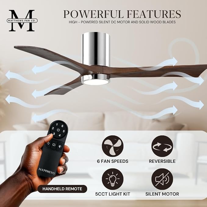 IR3HLK-CR-WA-42 Irene Damp Rated Flush Mount 42" Ceiling Fan with Light and Remote & Wall Control, Silent DC Motor, 3 Solid