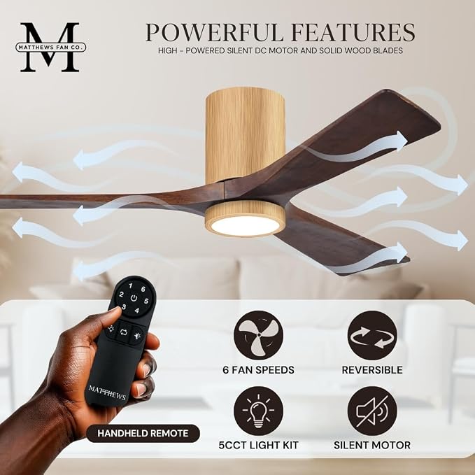 IR3HLK-LM-WA-60 Irene Damp Rated Flush Mount 60" Ceiling Fan with Light and Remote & Wall Control, Silent DC Motor, 3 Solid