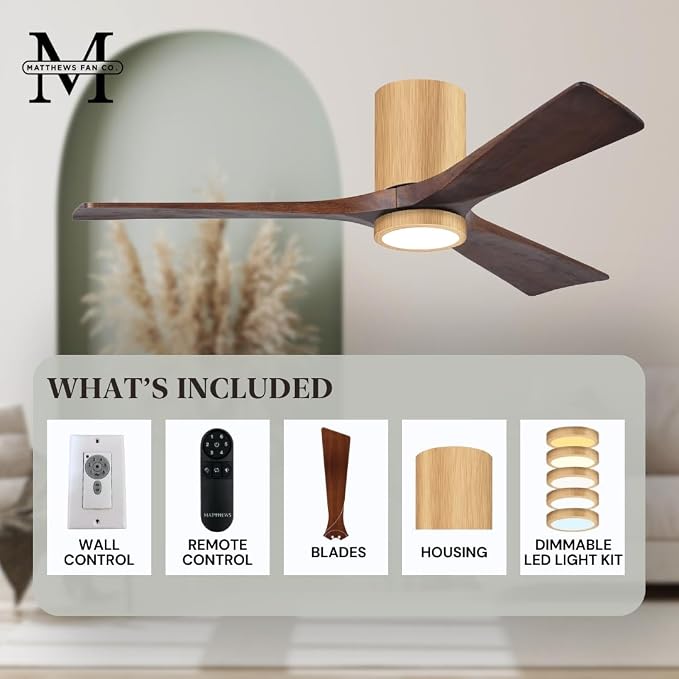 IR3HLK-LM-WA-60 Irene Damp Rated Flush Mount 60" Ceiling Fan with Light and Remote & Wall Control, Silent DC Motor, 3 Solid