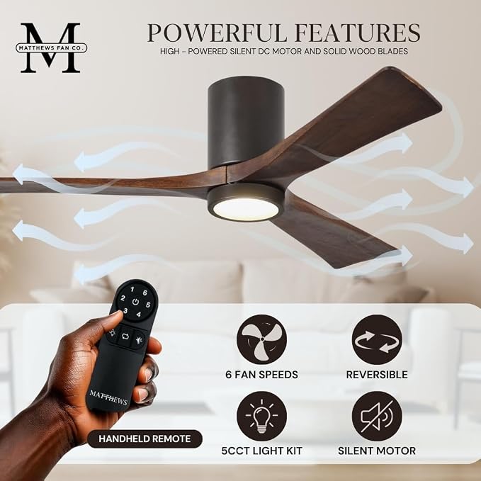 IR3HLK-TB-WA-52 Irene Damp Rated Flush Mount 52" Ceiling Fan with Light and Remote & Wall Control, Silent DC Motor, 3 Solid