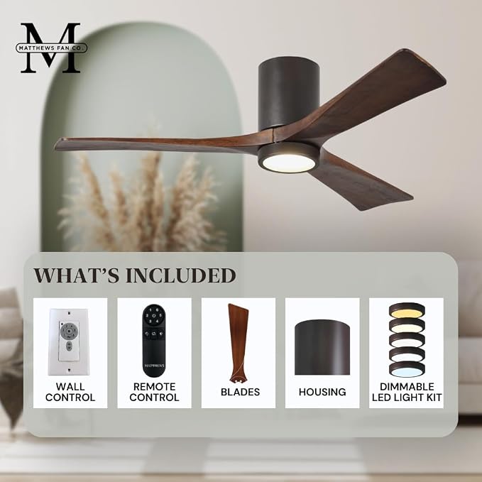 IR3HLK-TB-WA-52 Irene Damp Rated Flush Mount 52" Ceiling Fan with Light and Remote & Wall Control, Silent DC Motor, 3 Solid