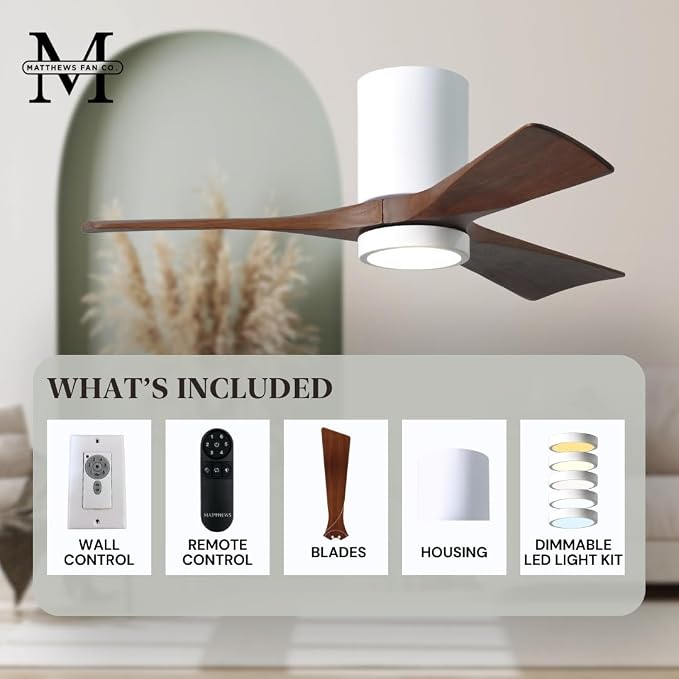 IR3HLK-WH-WA-52 Irene Damp Rated Flush Mount 52" Ceiling Fan with Light and Remote & Wall Control, Silent DC Motor, 3 Solid