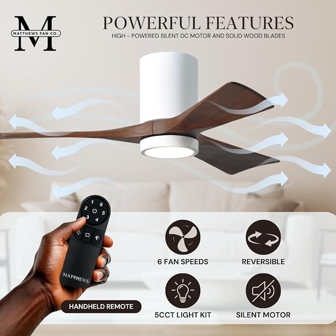 IR3HLK-WH-WA-60 Irene Damp Rated Flush Mount 60" Ceiling Fan with Light and Remote & Wall Control, Silent DC Motor, 3 Solid