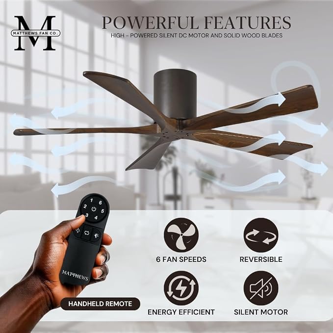 IR5H-TB-WA-60 Irene Damp Rated 60" Flush Mount Ceiling Fan with Remote & Wall Control, Silent DC Motor, 5 Walnut Tone Solid
