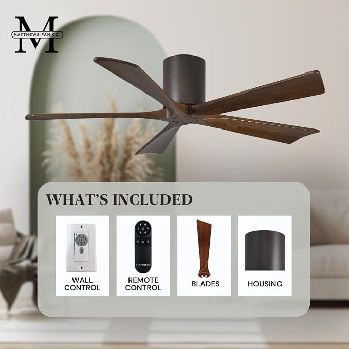 IR5H-TB-WA-60 Irene Damp Rated 60" Flush Mount Ceiling Fan with Remote & Wall Control, Silent DC Motor, 5 Walnut Tone Solid