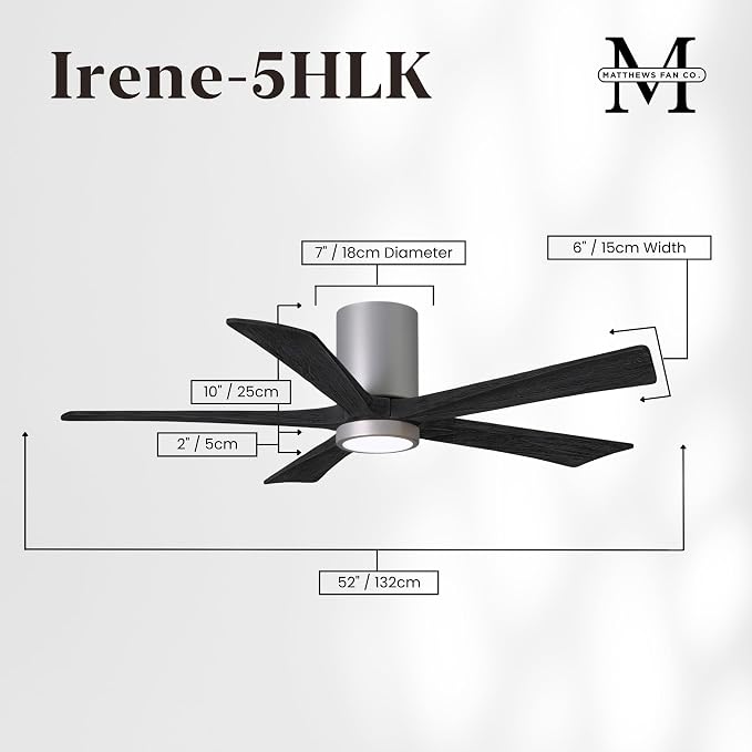 IR5HLK-BN-BK-52 Irene 52" Damp Rated Flush Mount Ceiling Fan with Light and Remote & Wall Control, Silent DC Motor, Solid
