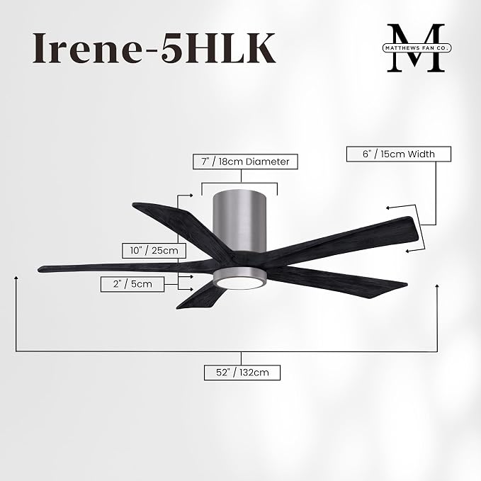 IR5HLK-BP-BK-52 Irene 52" Damp Rated Flush Mount Ceiling Fan with Light and Remote & Wall Control, Silent DC, alternate view