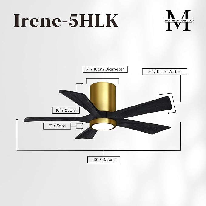 IR5HLK-BRBR-BK-42 Irene 42" Damp Rated Flush Mount Ceiling Fan with Light and Remote & Wall Control, Silent DC Motor, Solid