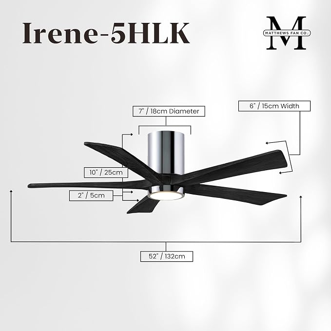 IR5HLK-CR-BK-52 Irene 52" Damp Rated Flush Mount Ceiling Fan with Light and Remote & Wall Control, Silent DC Motor, Polished