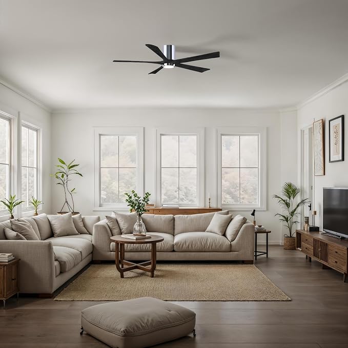 IR5HLK-CR-BK-60 Irene 60" Damp Rated Flush Mount Ceiling Fan with Light and Remote & Wall Control, Silent DC Motor, Polished