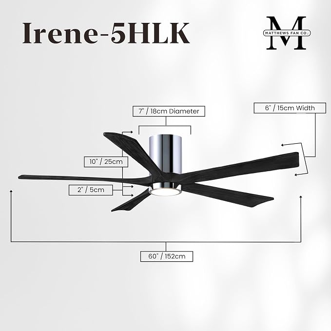 IR5HLK-CR-BK-60 Irene 60" Damp Rated Flush Mount Ceiling Fan with Light and Remote & Wall Control, Silent DC Motor, Polished