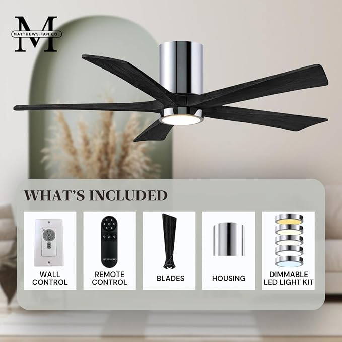 IR5HLK-CR-BK-60 Irene 60" Damp Rated Flush Mount Ceiling Fan with Light and Remote & Wall Control, Silent DC Motor, Polished