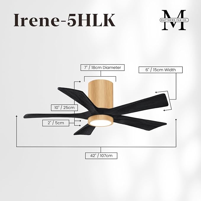IR5HLK-LM-BK-42 Irene 42" Damp Rated Flush Mount Ceiling Fan with Light and Remote & Wall Control, Silent DC Motor, Light