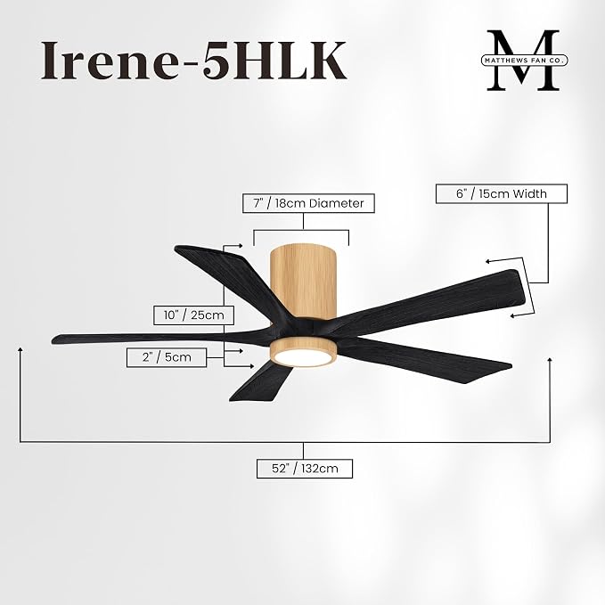 IR5HLK-LM-BK-52 Irene 52" Damp Rated Flush Mount Ceiling Fan with Light and Remote & Wall Control, Silent DC Motor, Light