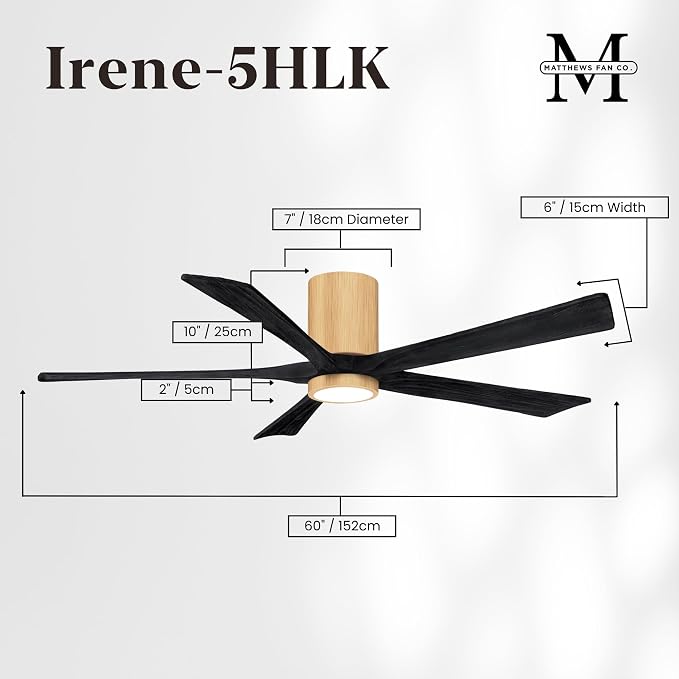IR5HLK-LM-BK-60 Irene 60" Damp Rated Flush Mount Ceiling Fan with Light and Remote & Wall Control, Silent DC Motor, Light