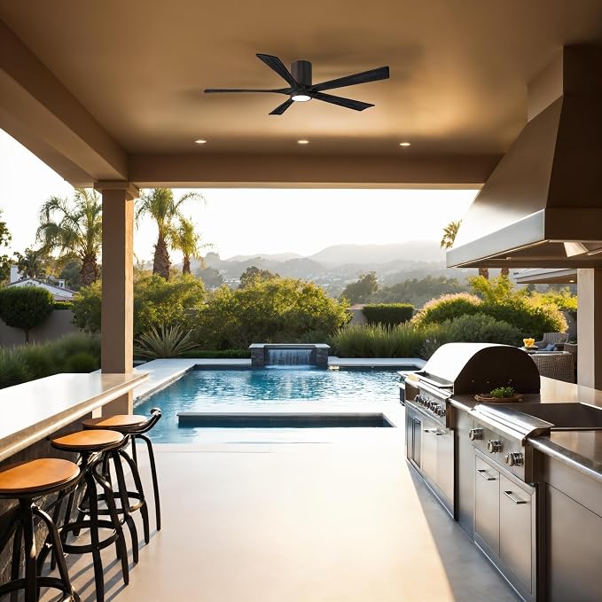 IR5HLK-TB-BK-60 Irene 60" Damp Rated Flush Mount Ceiling Fan with Light and Remote & Wall Control, Silent DC Motor, Textured