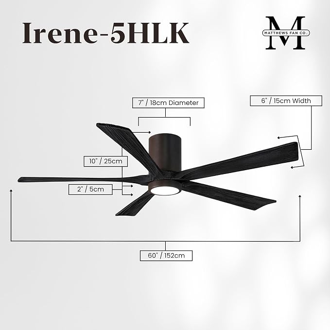 IR5HLK-TB-BK-60 Irene 60" Damp Rated Flush Mount Ceiling Fan with Light and Remote & Wall Control, Silent DC Motor, Textured